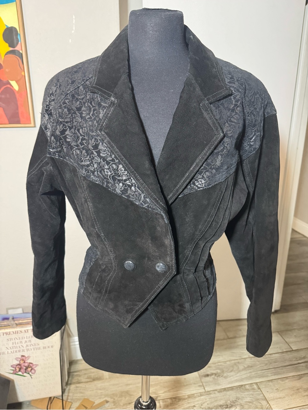 Black Suede Cropped Blazer with Embossed Shoulder Detail